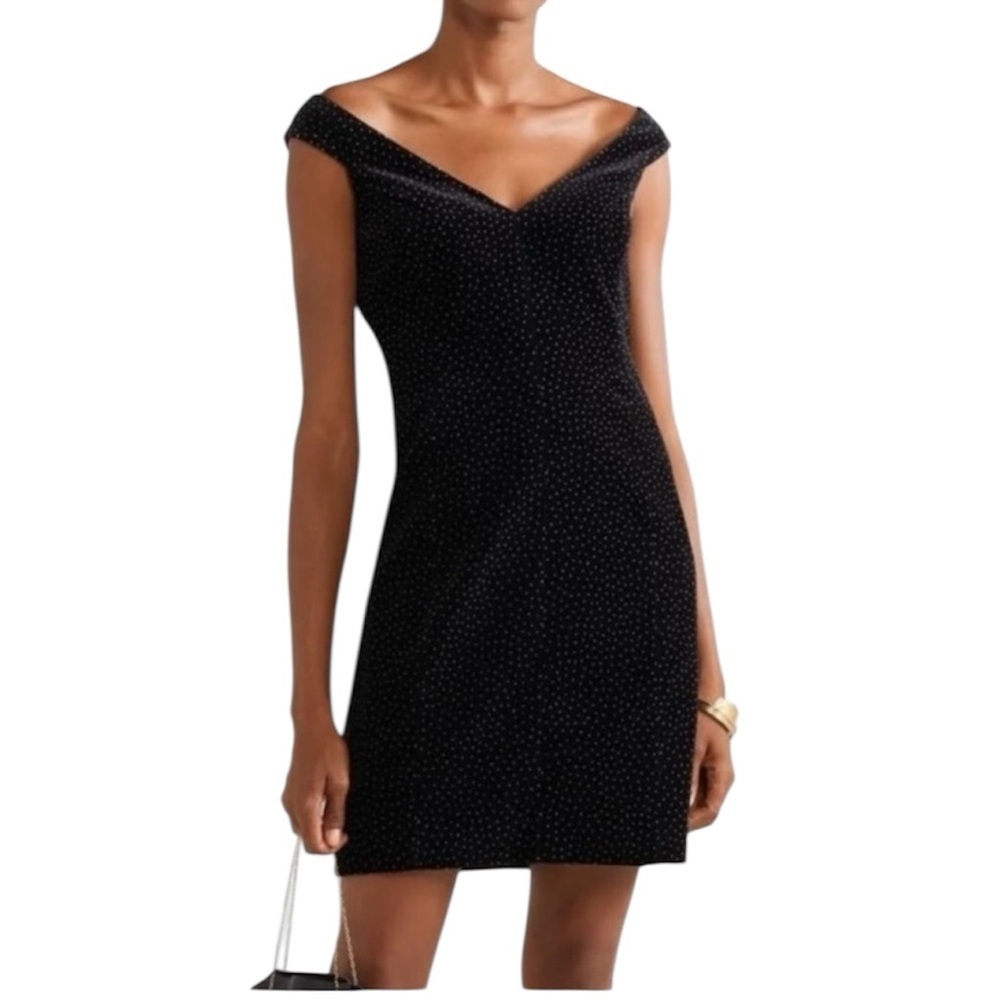 Theory off shoulder black dotted velvet mini dress size 12